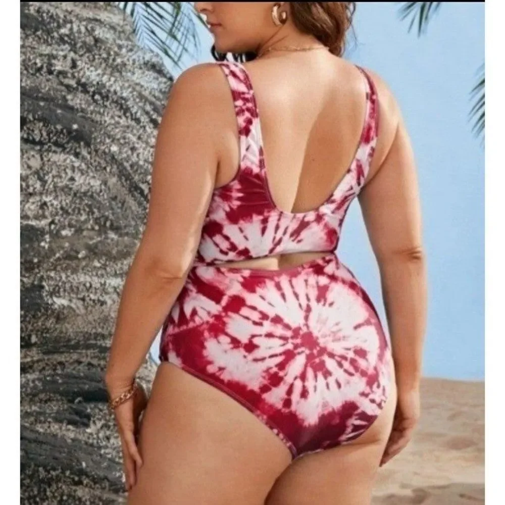 Plus Size Tie Dye Cut Out Knot Front One Piece Swimsuit sz 0X